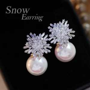 Snowflake Crystal Pearl Earrings for Woman with Charm Rhinestone Fashion
