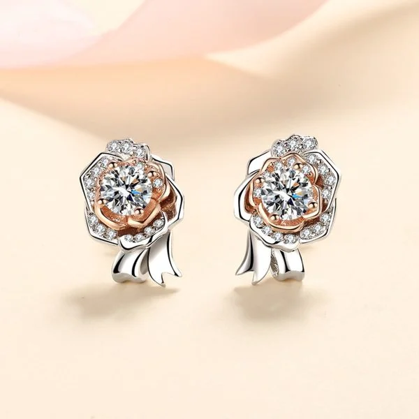 Silver Sparkling Rose Stud Earrings - Image 7