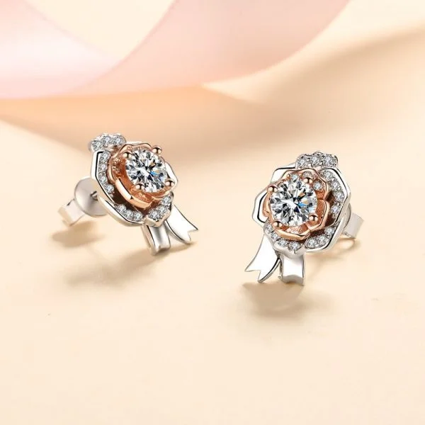 Silver Sparkling Rose Stud Earrings - Image 2